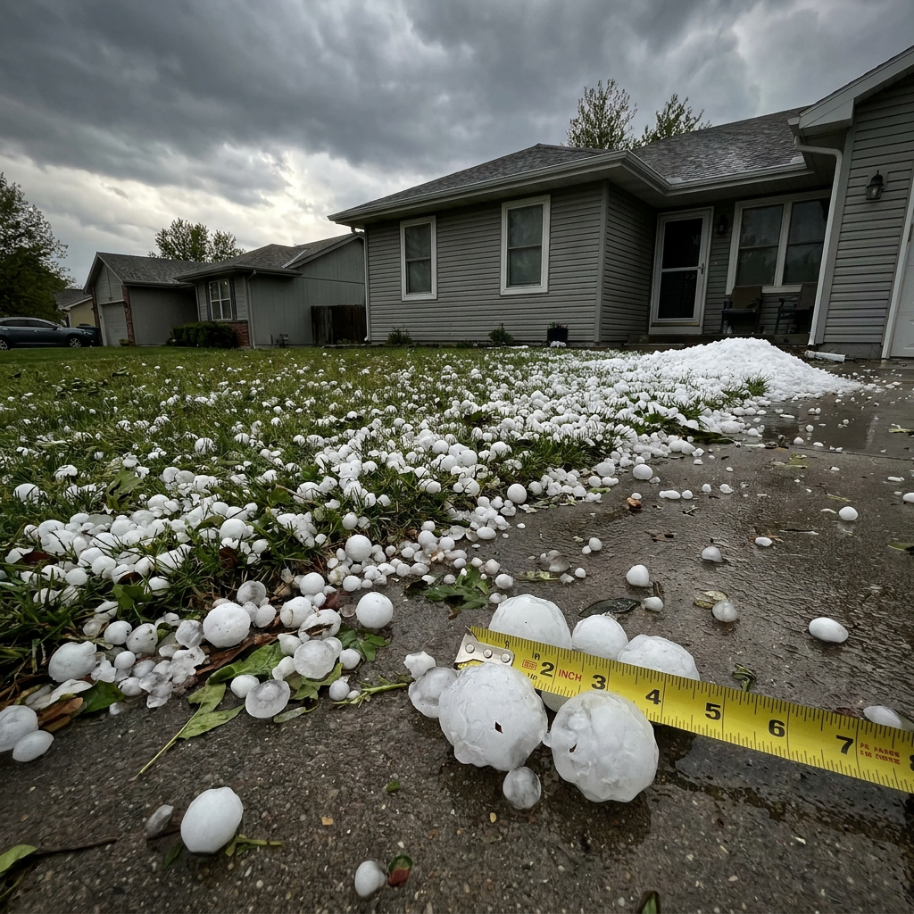 Hail damage visible on roof shingles requiring insurance claim in Wichita KS